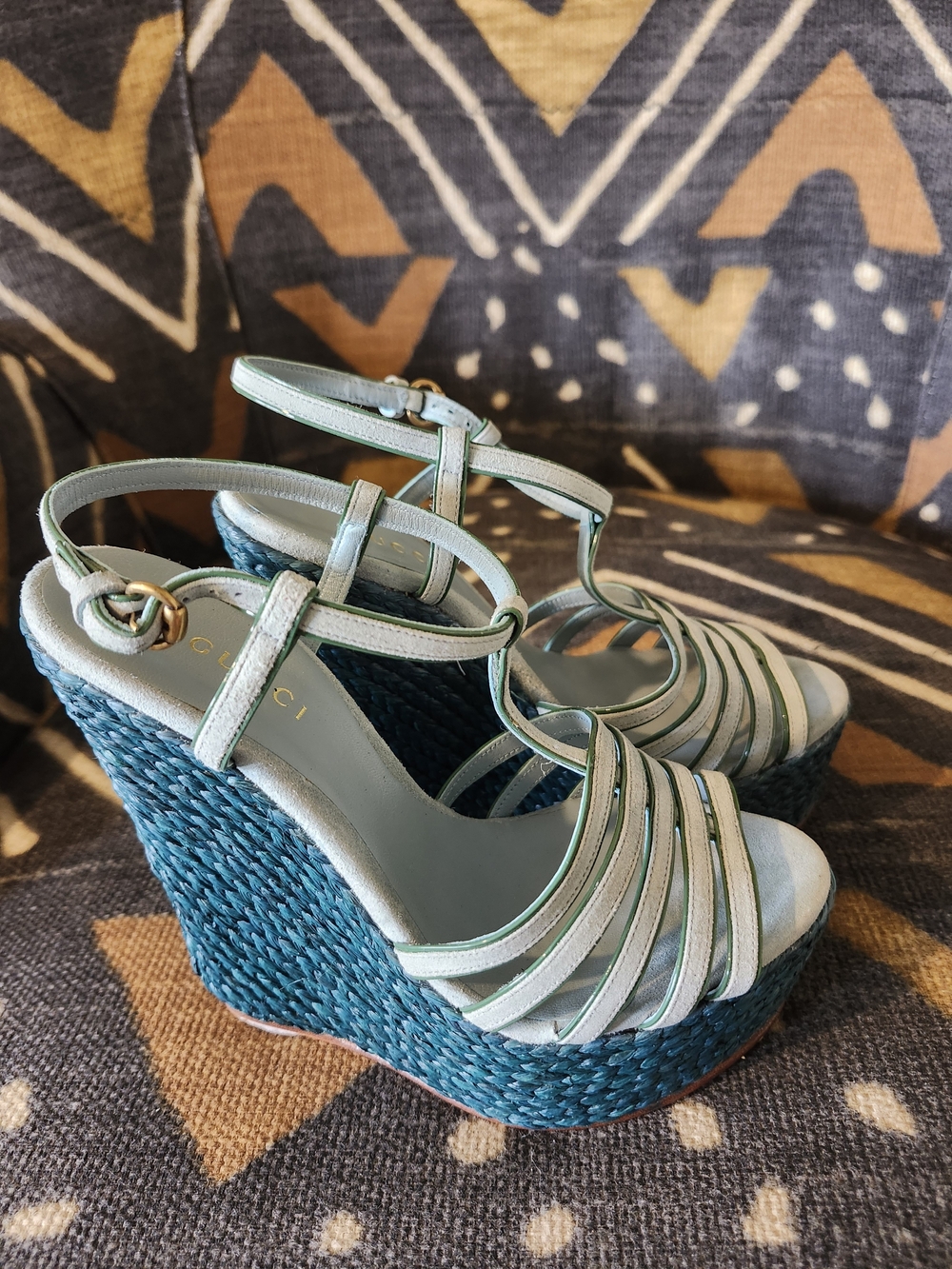 Sale✨ GUCCI Rare Vtg Y2K Teal Raffia Espadrille Platform Wedges 34.5 Near Mint